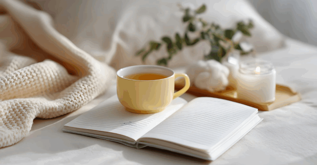 Gemütliche Winterstimmung mit einer Tasse Tee, einem offenen Notizbuch, einer brennenden Kerze und einer weichen Decke – ruhiger Moment für Selbstfürsorge.